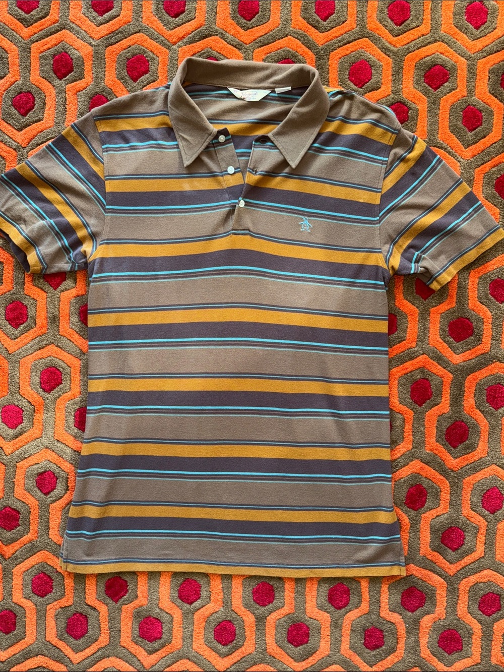 MAKE OFFER! Original Penguin Brown Striped Polo with Mustard & Teal Accents XL